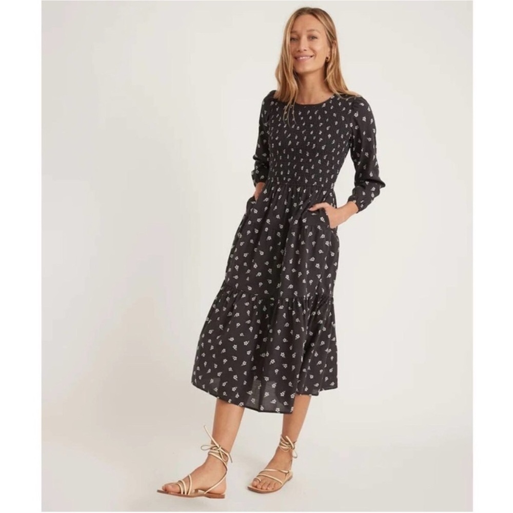 Marine layer Camille black floral smocked dress XL